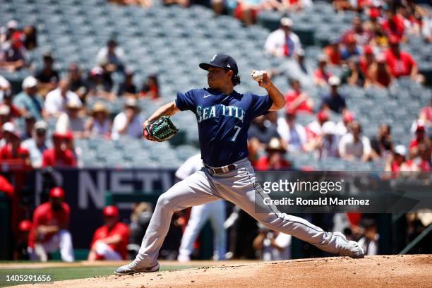 Marco Gonzales of the Seattle Mariners throws against the Los Angeles Angels in the first inning at Angel Stadium of Anaheim on June 26, 2022 in...