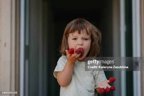 a cute toddler girl with funny facial expression eating raspberry - baby in the summer foto e immagini stock