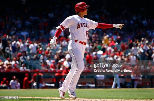 Shohei Ohtani of the Los Angeles Angels after a line out against the Seattle Mariners in the fifth inning at Angel Stadium of Anaheim on June 26,...