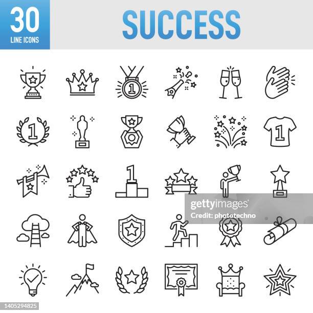 stockillustraties, clipart, cartoons en iconen met success, awards and tropy - thin line vector icon set. pixel perfect. for mobile and web. the set contains icons: award, trophy - award, success, winning, quality, symbol, diploma, medal, certificate, achievement, incentive - quality sport images