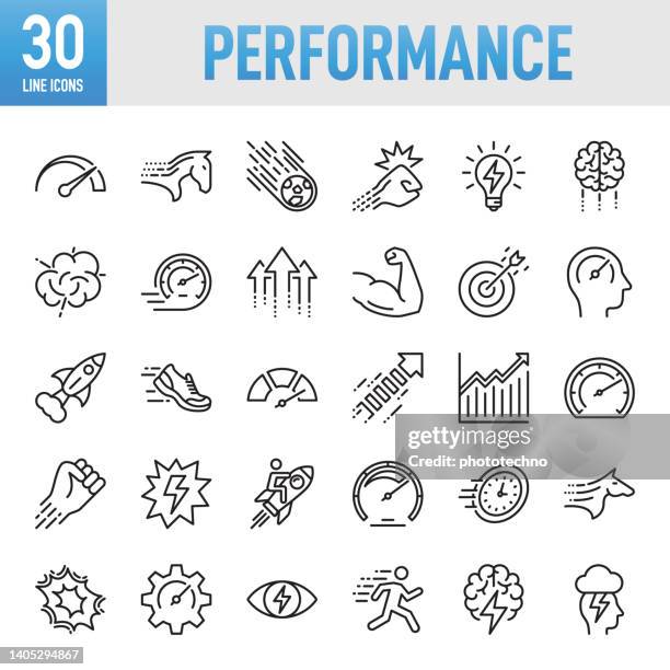 performance - thin line vector icon set. pixel perfect. for mobile and web. the set contains icons: performance, speed, growth, strength, improvement, development, business, internet, running, efficiency, progress - personal strength stock illustrations