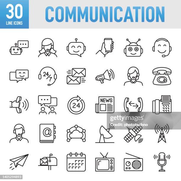 stockillustraties, clipart, cartoons en iconen met modern universal business communication line icon set - thin line vector icon set. pixel perfect. for mobile and web. the set contains icons: communication, connection, internet, technology, business, e-mail,using phone, social media, discussion, talking - media_(communication)