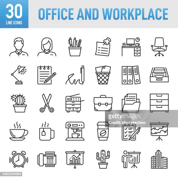 stockillustraties, clipart, cartoons en iconen met business office concepts and workplace - thin line vector icon set. pixel perfect. for mobile and web. the set contains icons: office, desk, place of work, adhesive note, portfolio, briefcase, business, personal organizer, secretary, assistance, time - clock person desk