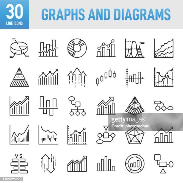 graph and diagram - thin line vector icon set. pixel perfect. for mobile and web. the set contains icons: graph, chart, data, growth, progress, improvement, development, analyzing, business, finance, stock market and exchange, investment, making money - business spreadsheet stock illustrations