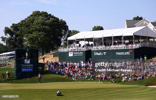 Gneral view of the 15th green during the final round of Travelers Championship at TPC River Highlands on June 26, 2022 in Cromwell, Connecticut.