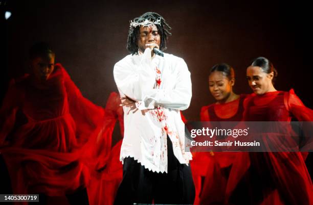 Kendrick Lamar performs as he headlines the Pyramid Stage during day five of Glastonbury Festival at Worthy Farm, Pilton on June 26, 2022 in...