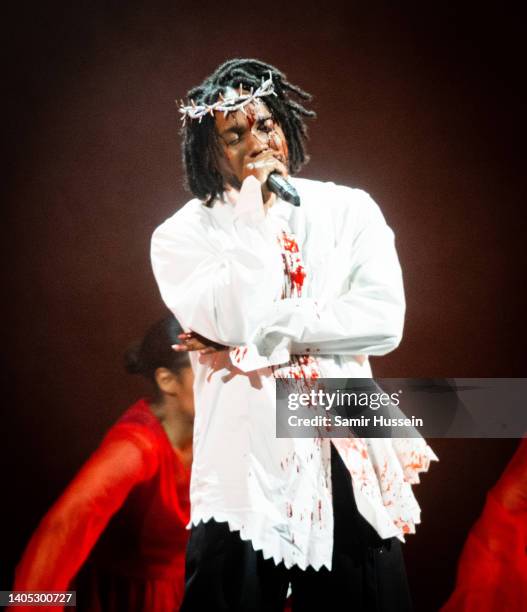 Kendrick Lamar performs as he headlines the Pyramid Stage during day five of Glastonbury Festival at Worthy Farm, Pilton on June 26, 2022 in...