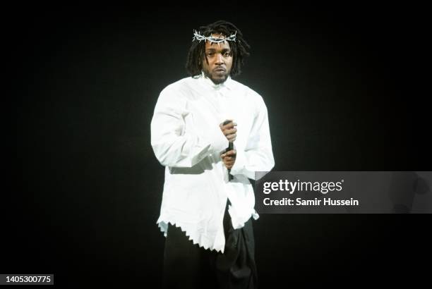 Kendrick Lamar performs as he headlines the Pyramid Stage during day five of Glastonbury Festival at Worthy Farm, Pilton on June 26, 2022 in...