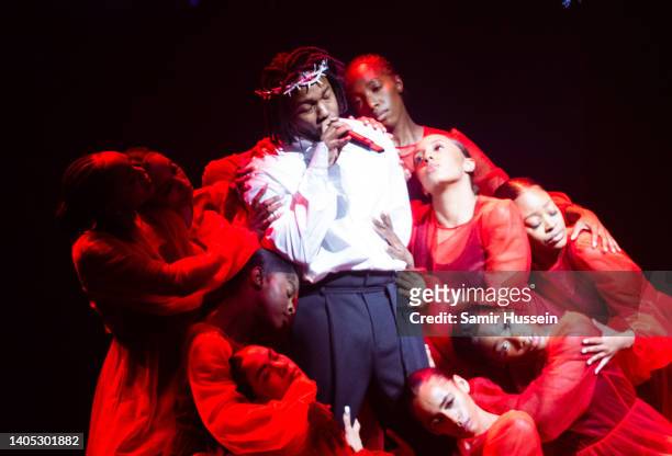 Kendrick Lamar performs as he headlines the Pyramid Stage during day five of Glastonbury Festival at Worthy Farm, Pilton on June 26, 2022 in...