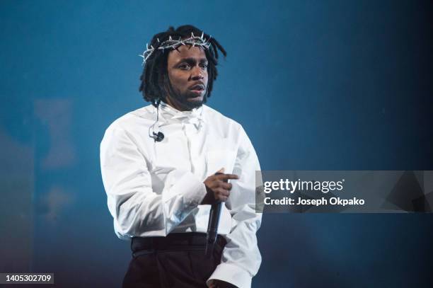 Kendrick Lamar performs on the Pyramid stage during day five of Glastonbury Festival at Worthy Farm, Pilton on June 26, 2022 in Glastonbury, England.