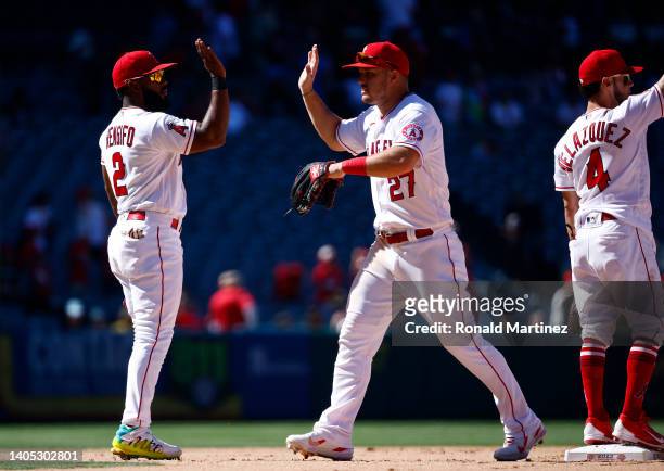 Mike Trout and Luis Rengifo of the Los Angeles Angels celebrate a 2-1 win against the Seattle Mariners at Angel Stadium of Anaheim on June 26, 2022...