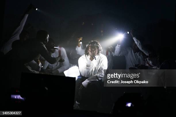 Kendrick Lamar performs on the Pyramid stage during day five of Glastonbury Festival at Worthy Farm, Pilton on June 26, 2022 in Glastonbury, England.