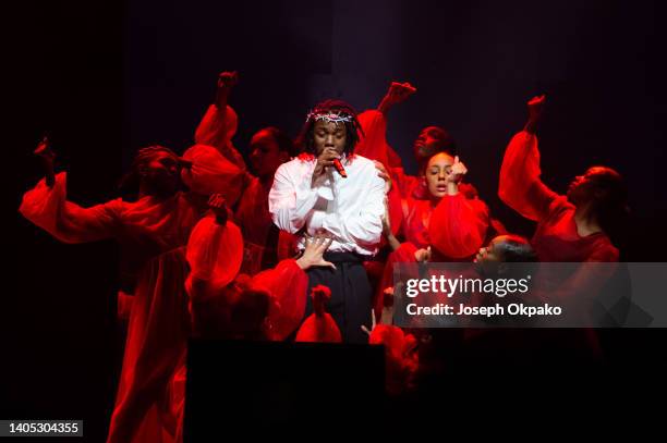 Kendrick Lamar performs on the Pyramid stage during day five of Glastonbury Festival at Worthy Farm, Pilton on June 26, 2022 in Glastonbury, England.