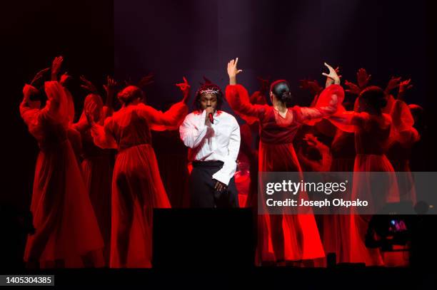 Kendrick Lamar performs on the Pyramid stage during day five of Glastonbury Festival at Worthy Farm, Pilton on June 26, 2022 in Glastonbury, England.