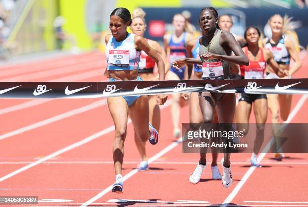 Athing Mu beats Ajee Wilson to the finish to win the Women's 800 Meter Final during the 2022 USATF Outdoor Championships at Hayward Field on June 26,...