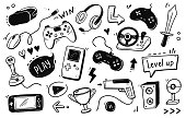 Video game hand drawn doodle set. Video gamer console, joystick, gadget element