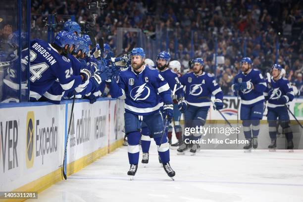 Steven Stamkos of the Tampa Bay Lightning celebrates scoring a goal in the first period of the game against the Colorado Avalanche in Game Six of the...