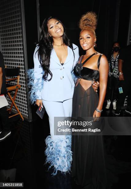 Jazmine Sullivan and Janelle Monáe attend the 2022 BET Awards at Microsoft Theater on June 26, 2022 in Los Angeles, California.