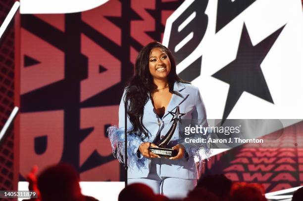 Jazmine Sullivan accepts Best Female R&B/Pop Artist onstage during the 2022 BET Awards at Microsoft Theater on June 26, 2022 in Los Angeles,...