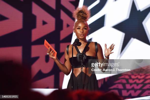 Janelle Monáe speaks onstage during the 2022 BET Awards at Microsoft Theater on June 26, 2022 in Los Angeles, California.