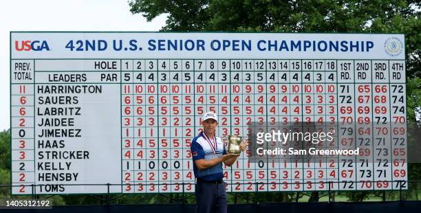 Padraig Harrington of Ireland poses with the trophy after winning the U.S. Senior Open Championship at Saucon Valley Country Club on June 26, 2022 in...