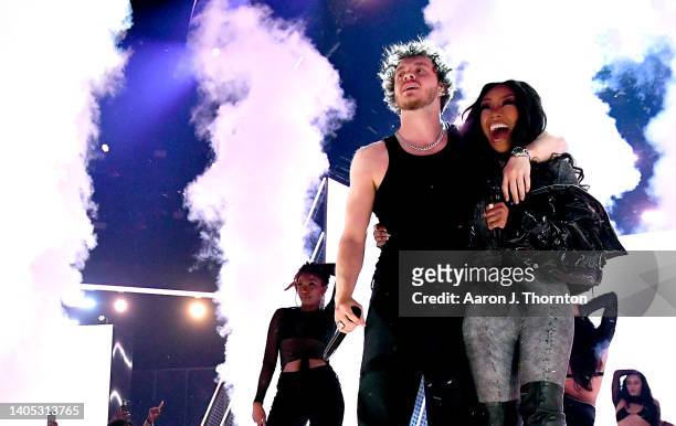Jack Harlow and Bran'Nu perform onstage during the 2022 BET Awards at Microsoft Theater on June 26, 2022 in Los Angeles, California.