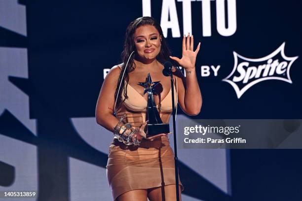 Latto accepts the Best New Artist award presented by Sprite onstage during the 2022 BET Awards at Microsoft Theater on June 26, 2022 in Los Angeles,...