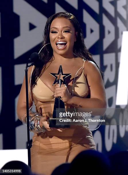 Latto accepts the Best New Artist award presented by Sprite onstage during the 2022 BET Awards at Microsoft Theater on June 26, 2022 in Los Angeles,...