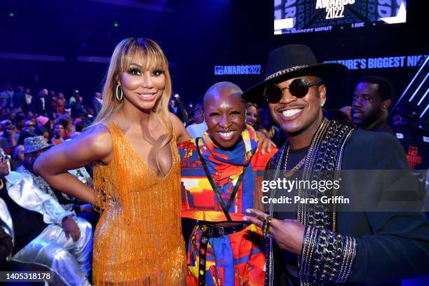 Tamar Braxton, Cynthia Erivo and Ne-Yo attend the 2022 BET Awards at Microsoft Theater on June 26, 2022 in Los Angeles, California.