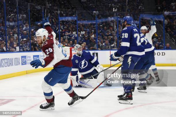 Nathan MacKinnon of the Colorado Avalanche celebrates scoring a goal in the second period of Game Six of the 2022 NHL Stanley Cup Final against the...