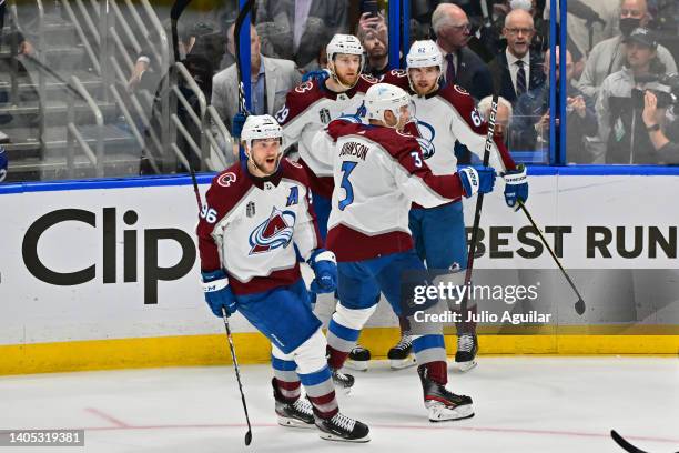 Artturi Lehkonen of the Colorado Avalanche celebrates scoring a goal with teammates in the second period of Game Six of the 2022 NHL Stanley Cup...