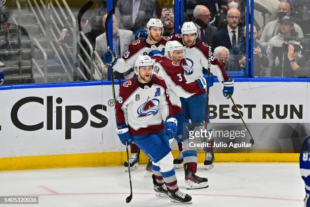 Artturi Lehkonen of the Colorado Avalanche celebrates scoring a goal with teammates in the second period of Game Six of the 2022 NHL Stanley Cup...
