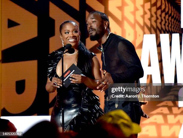 Kandi Burruss and Luke James speak onstage during the 2022 BET Awards at Microsoft Theater on June 26, 2022 in Los Angeles, California.