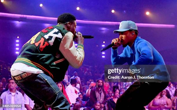 Joey Bada$$ and Chance the Rapper perform onstage during the 2022 BET Awards at Microsoft Theater on June 26, 2022 in Los Angeles, California.