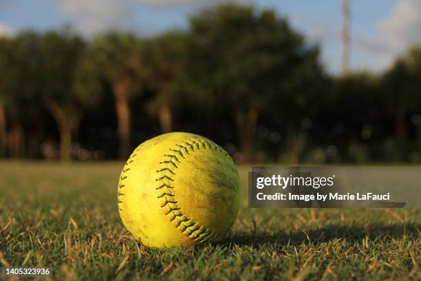 close-up of a yellow softball on grass field - yankees home run stock pictures, royalty-free photos & images