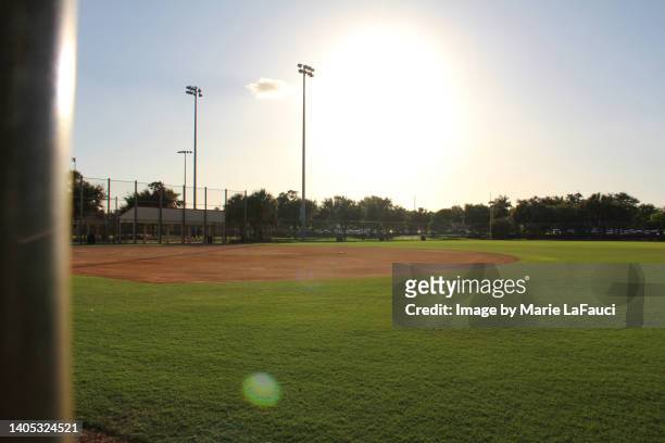 empty baseball field at dusk - sunny field stock pictures, royalty-free photos & images