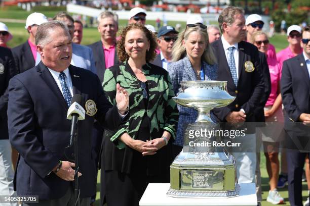 Jim Richerson, PGA President, speaks before awarding the trophy to In Gee Chun of South Korea after her win during the final round of the KPMG...
