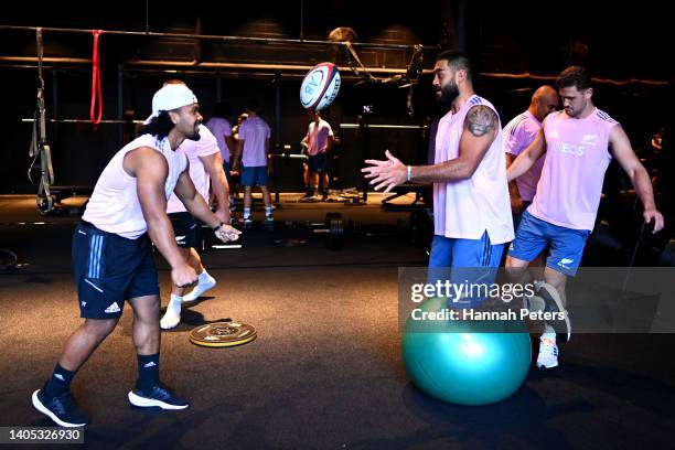 Folau Fakatava, Akira Ioane and Dalton Papali'i work out during a New Zealand All Blacks Gym Session on June 27, 2022 in Auckland, New Zealand.