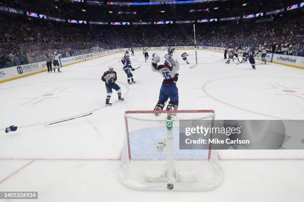 Darcy Kuemper of the Colorado Avalanche celebrates after defeating the Tampa Bay Lightning 2-1 in Game Six of the 2022 NHL Stanley Cup Final at...