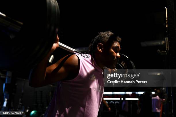 Pita Gus Sowakula works out during a New Zealand All Blacks Gym Session on June 27, 2022 in Auckland, New Zealand.