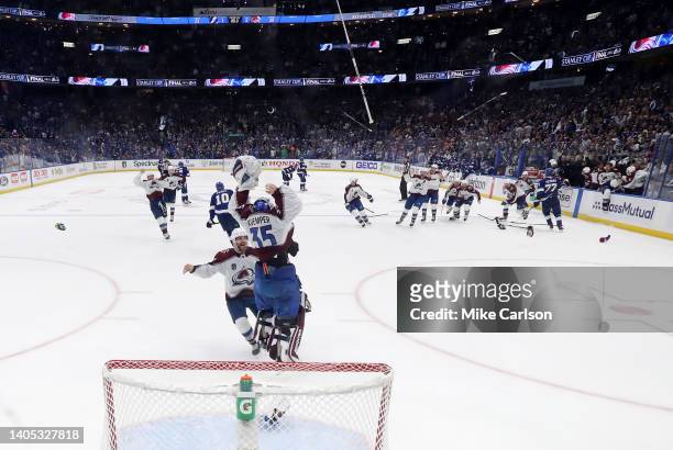 Darcy Kuemper of the Colorado Avalanche celebrates after defeating the Tampa Bay Lightning 2-1 in Game Six of the 2022 NHL Stanley Cup Final at...