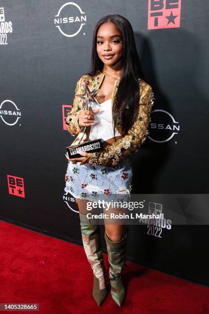 Marsai Martin poses in the press room during the 2022 BET Awards at Microsoft Theater on June 26, 2022 in Los Angeles, California.