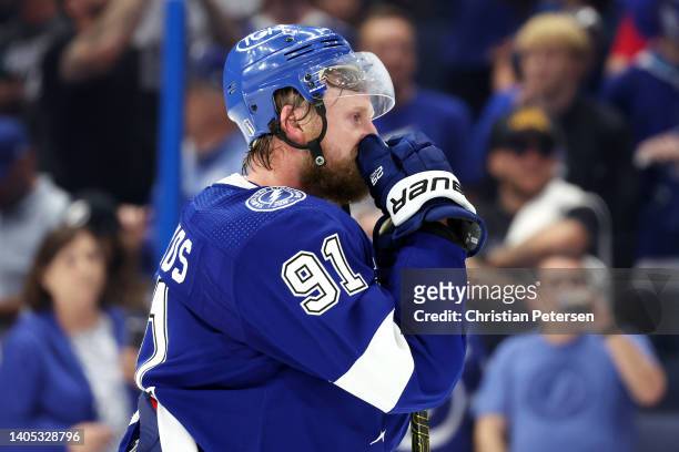 Steven Stamkos of the Tampa Bay Lightning reacts after losing to the Colorado Avalanche 2-1 in Game Six of the 2022 NHL Stanley Cup Final at Amalie...