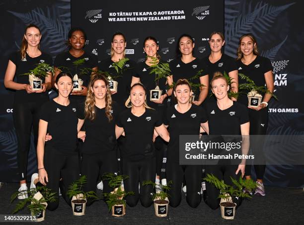 The Silver Ferns netball squad pose for a photo during the New Zealand 2022 Commonwealth Games Netball squad announcement at Wesley College on June...