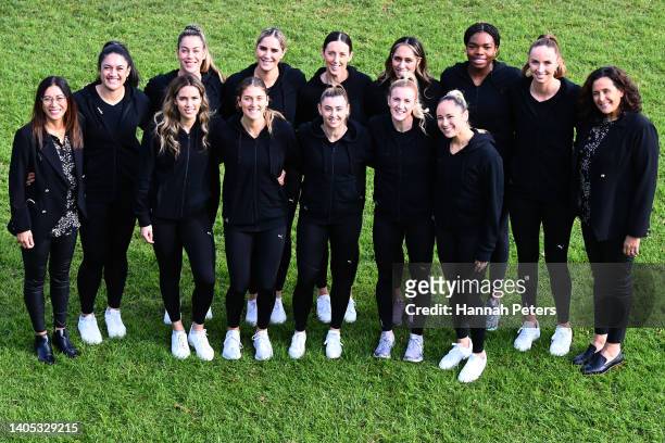 The Silver Ferns netball squad pose for a photo during the New Zealand 2022 Commonwealth Games Netball squad announcement at Wesley College on June...