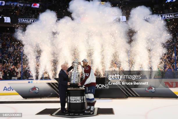 Gabriel Landeskog of the Colorado Avalanche poses for a photo with the Stanley Cup after defeating the Tampa Bay Lightning 2-1 in Game Six of the...