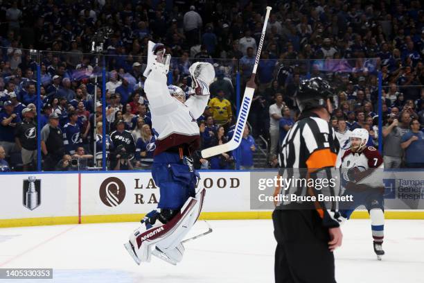 Darcy Kuemper of the Colorado Avalanche celebrates after defeating the Tampa Bay Lightning 2-1 in Game Six of the 2022 NHL Stanley Cup Final at...