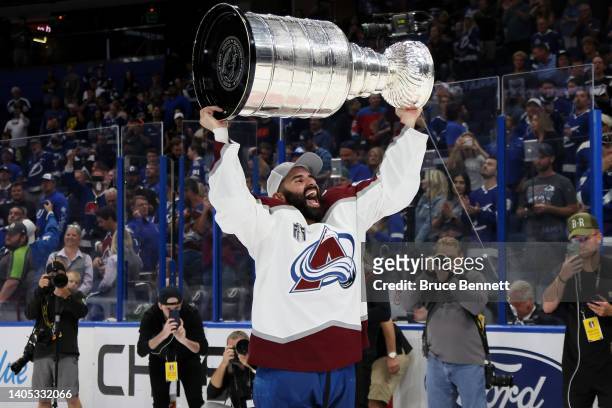 Nazem Kadri of the Colorado Avalanche lifts the Stanley Cup after defeating the Tampa Bay Lightning 2-1 in Game Six of the 2022 NHL Stanley Cup Final...