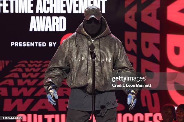 Kanye West speaks onstage during the 2022 BET Awards at Microsoft Theater on June 26, 2022 in Los Angeles, California.