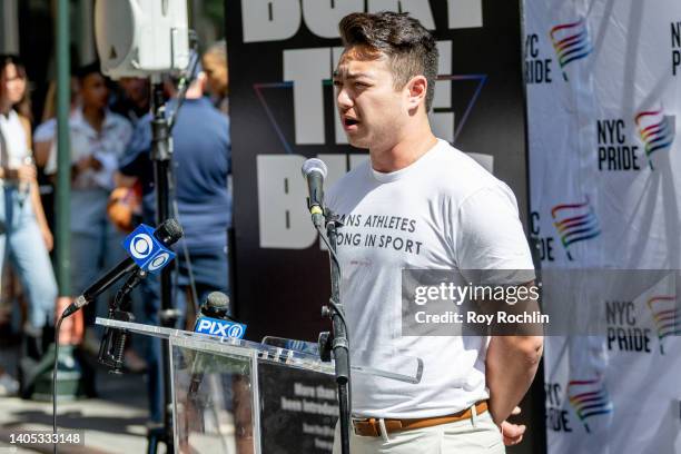 Pride Grand Marshal Schuyler Bailar speaks at the 2022 New York City Pride march press conference on June 26, 2022 in New York City.